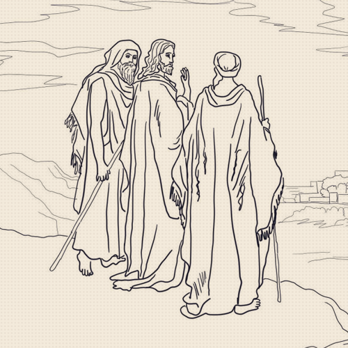 Ink drawing of Jesus walking with two disciples